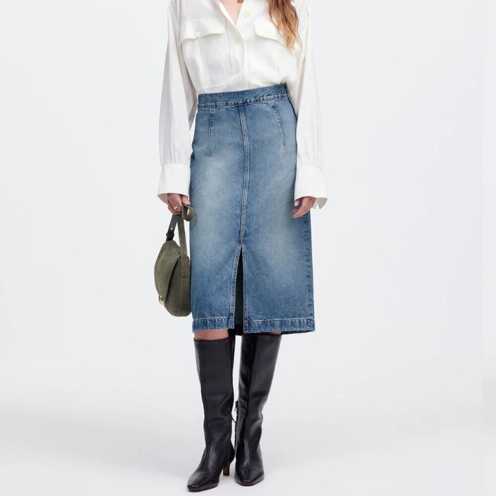 Madewell Denim Jean Midi Pencil Skirt Front Slit Medium Billings Wash Cotton 27